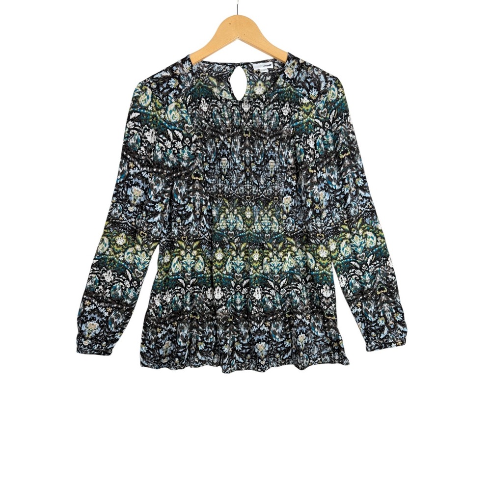 J. Jill Blouse Women's Size XS Black Teal Abstract Paisley Boho Smocked Top‎